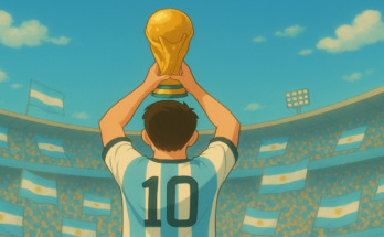 Ilustracija Lionela Mesija sa trofejem prvaka sveta u fudbalu