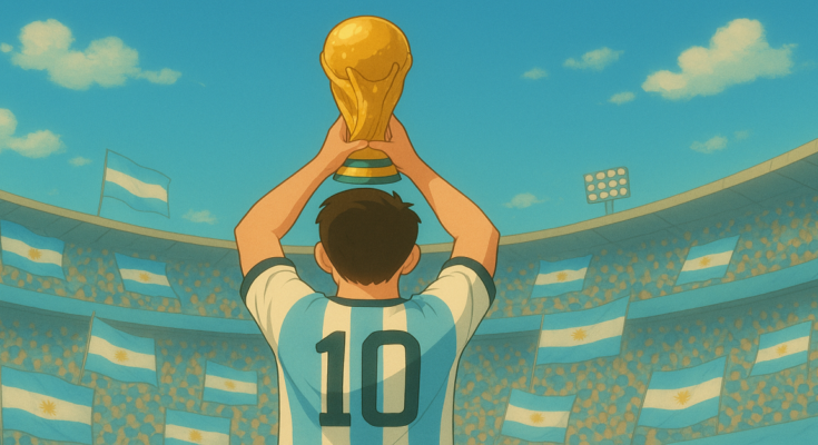Ilustracija Lionela Mesija sa trofejem prvaka sveta u fudbalu