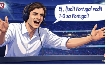 Ilustracija sportskog komentatora Aleksandra Ace Stojanovića kako izgovara rečenicu ''Ej, ljudi! Portugal vodi! 1-0 za Portugal''