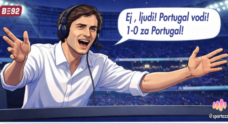 Ilustracija sportskog komentatora Aleksandra Ace Stojanovića kako izgovara rečenicu ''Ej, ljudi! Portugal vodi! 1-0 za Portugal''