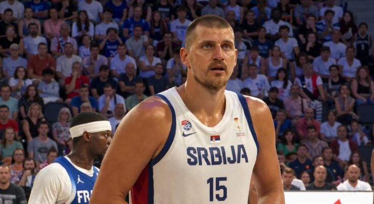 Nikola Jokić u dresu košarkaške reprezentacije Srbije na utakmici protiv Francuske